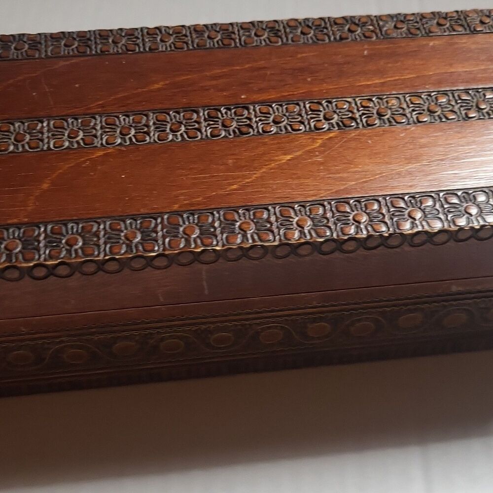 Poland Vntg Decorative Wooden Pencil Box w/ Hinged Lid, Brown Floral, 10x4x2 in